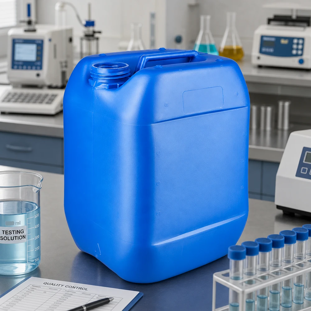 Bidón azul de HDPE de 10 litros sin tapón junto a un vaso de precipitados con una solución de ensayo en el laboratorio