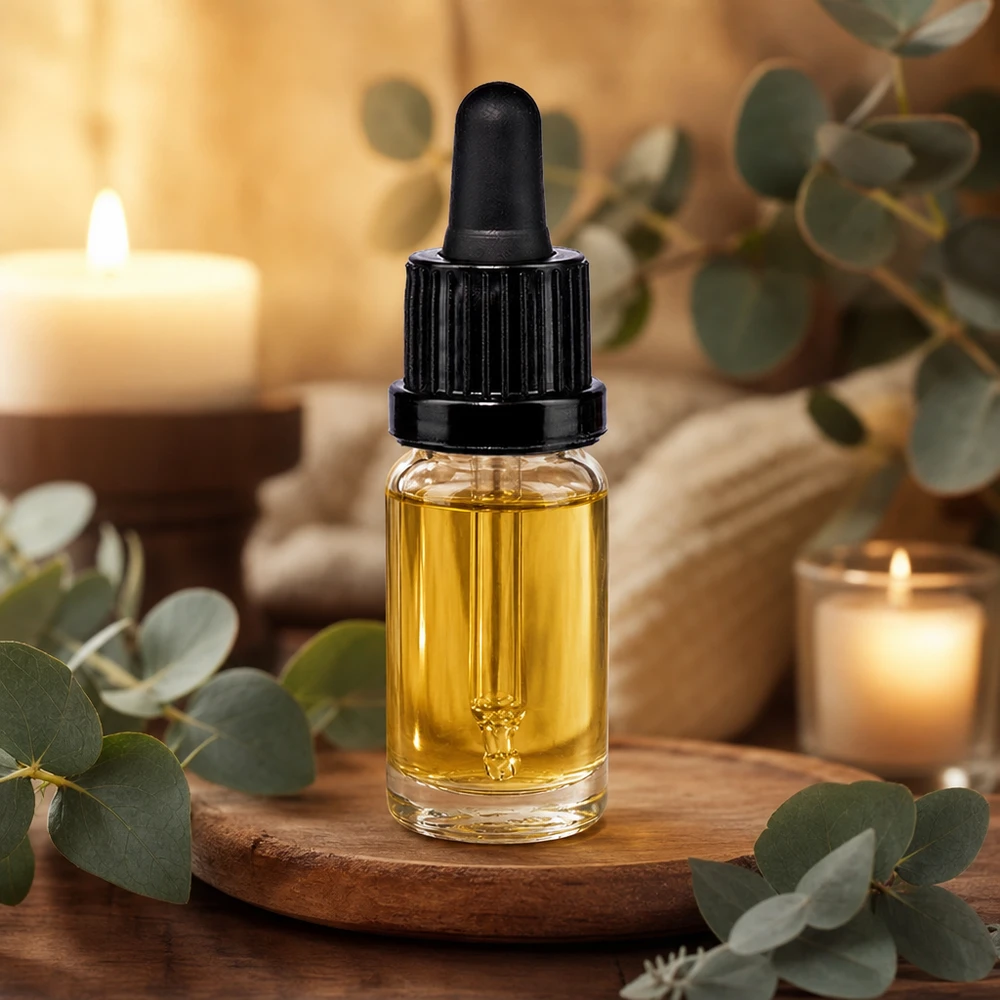 Frasco de pipeta transparente de 10 ml con aceite dorado sobre un disco de madera junto a unas ramas de eucalipto