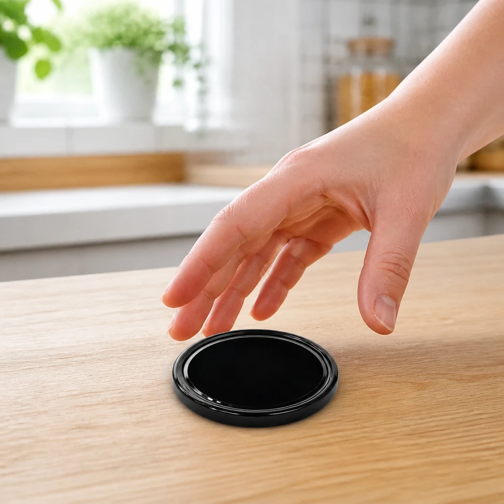 Tapa BasicSeal de 70 mm, negra (TO70) UNiTWIST Tapa BasicSeal de 70 mm, negra, modelo TO70, sobre una mesa de madera con una mano que la agarra: UNiTWIST