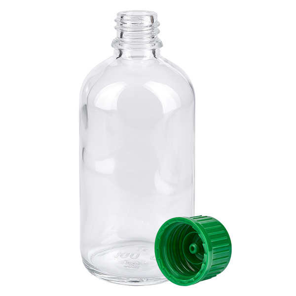 Botella de 100 ml con tapón de rosca de 11 mm verde ClearLine estándar UT18/100 Frasco de farmacia transparente ClearLine de 100 ml con tapón de seguridad verde de 11 mm SV