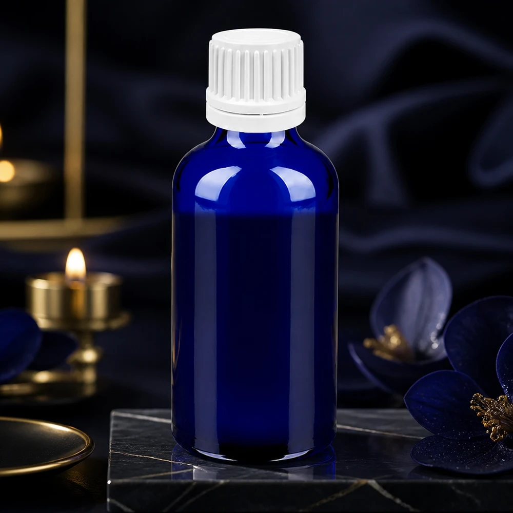 Frasco cuentagotas premium de 50 ml de vidrio cobalto con tapón blanco UT18 para productos naturales de alta calidad