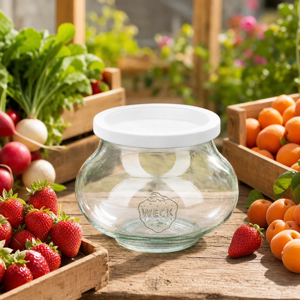 WECK tarro de almacenaje 560ml RR80 vacío entre frutas y verduras frescas sobre una mesa de madera en el jardín como tarro de almacenaje