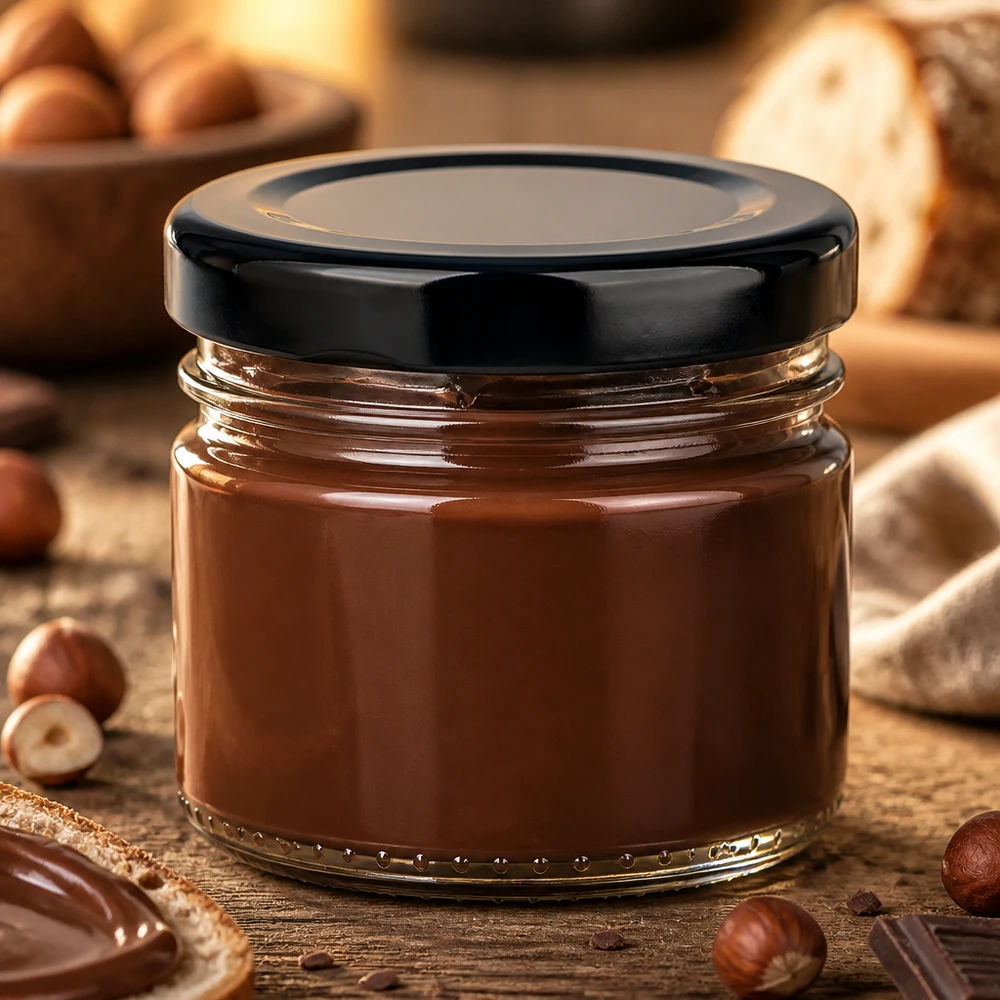 Crema de nueces y turrón en un frasco redondo de cristal de 33 ml con tapa BasicSeal negra sobre una mesa rústica de madera