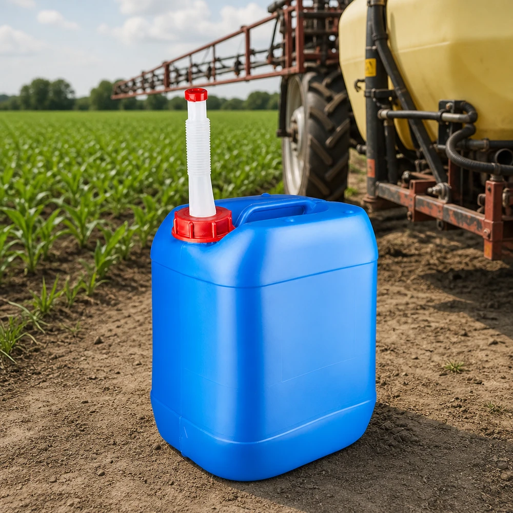 Bidón agrícola de 20 litros, azul, con tubo de salida flexible, junto a un pulverizador agrícola en un campo de cultivo