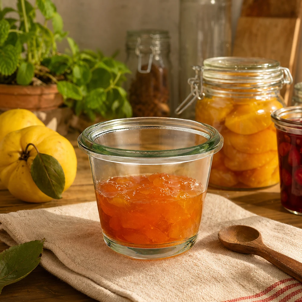 Tarro gourmet RR60 de 80 ml de WECK lleno de mermelada en una cocina rústica junto a limones frescos y otros tarros de conserva