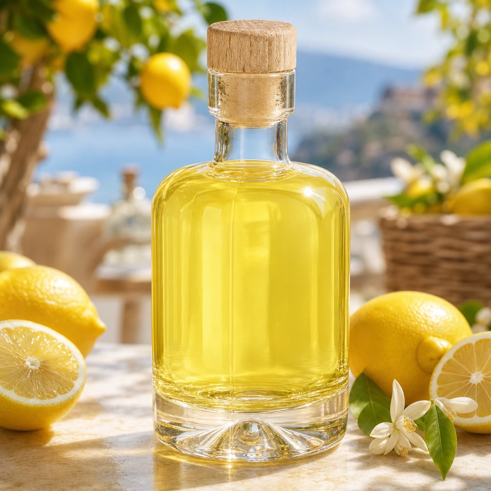 Botella de vidrio de 50 ml «Amelie» con tapón de corcho con asa de madera UNiTWIST Botella de cristal de 50 ml de Amelie rellena de licor amarillo entre limones y flores decorada al estilo mediterráneo