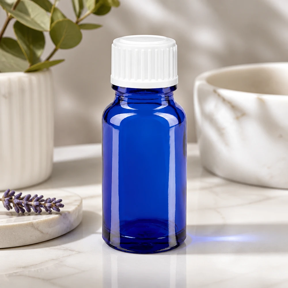 Frasco de farmacia de 10 ml de vidrio azul con tapón estándar blanco de 11 mm para aplicaciones de laboratorio