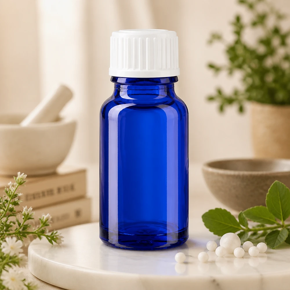 Frasco de farmacia azul cobalto de 10 ml con tapón de rosca blanco de 11 mm, junto a glóbulos homeopáticos y hierbas medicinales