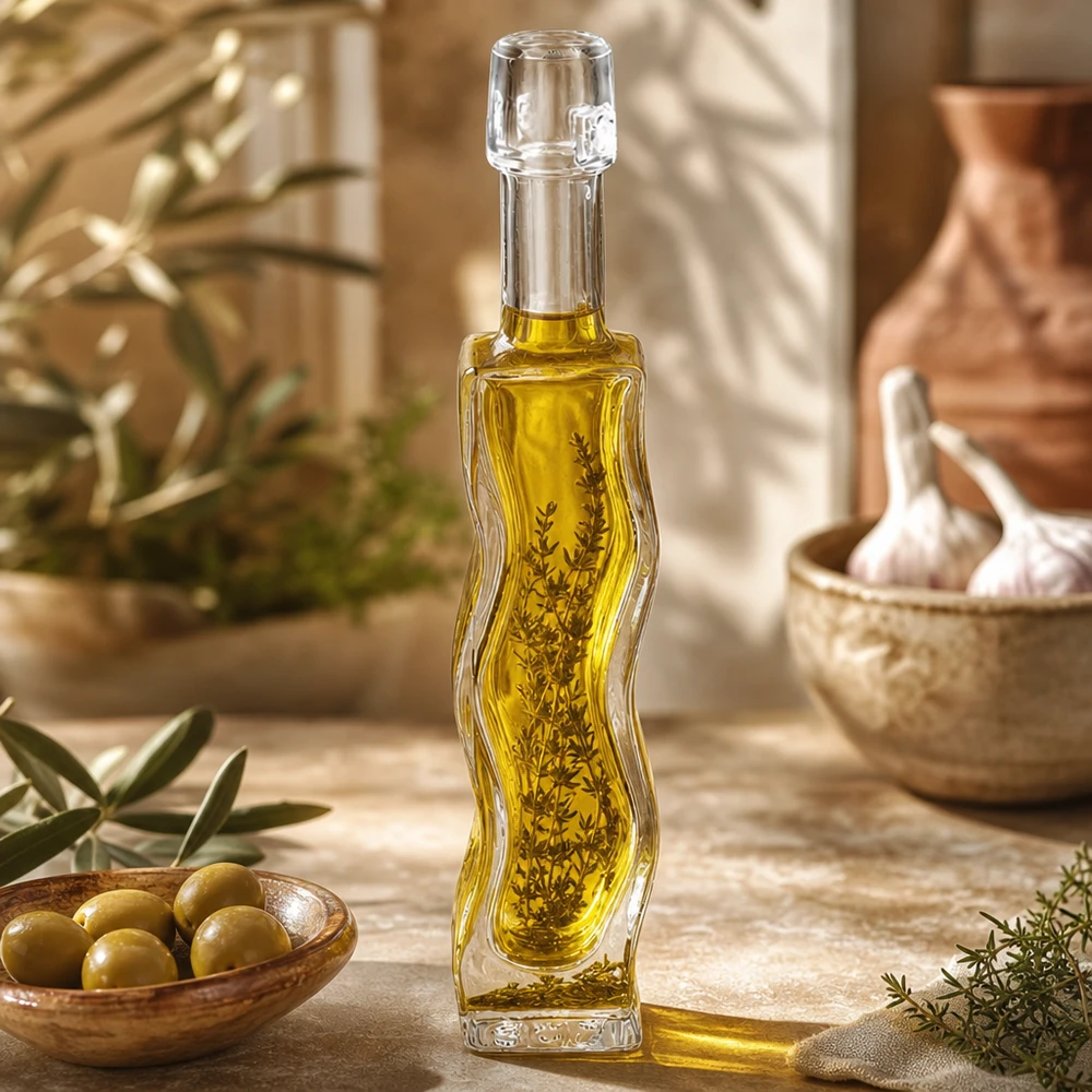 Botella de vidrio de 40 ml «Fila» sin tapón UNiTWIST® Botella de vidrio de 40 ml Anna rellena de aceite de oliva y hierbas aromáticas Ejemplo de uso Cocina Decoración mediterránea