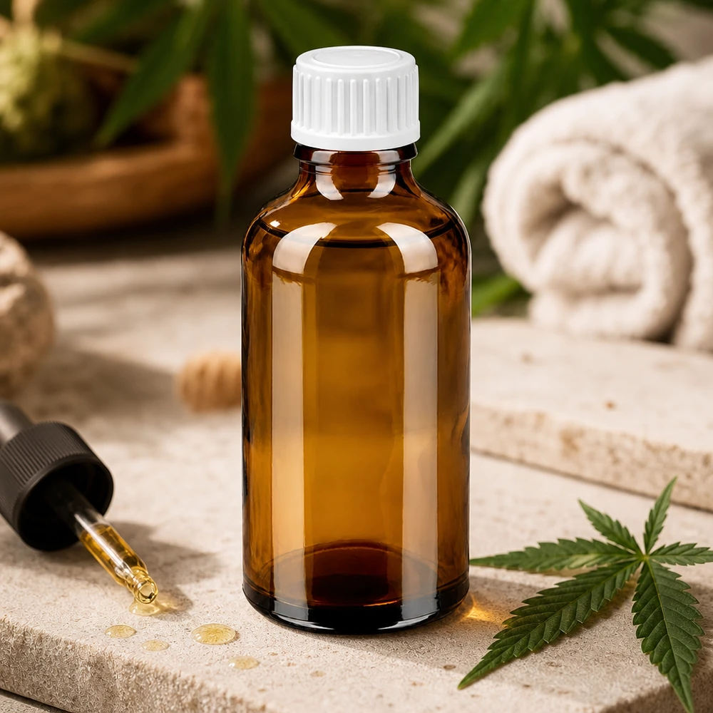 Frasco de vidrio de alta calidad de 50 ml de color ámbar con rosca blanca UT18 para aplicaciones farmacéuticas