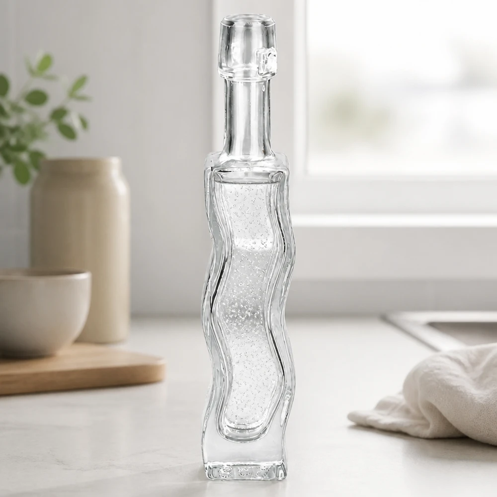 Botella de vidrio de 40 ml «Fila» sin tapón UNiTWIST® Botella de cristal de 40 ml Anna con relieve ondulado sin tapa transparente vacía ambiente de baño vista lateral