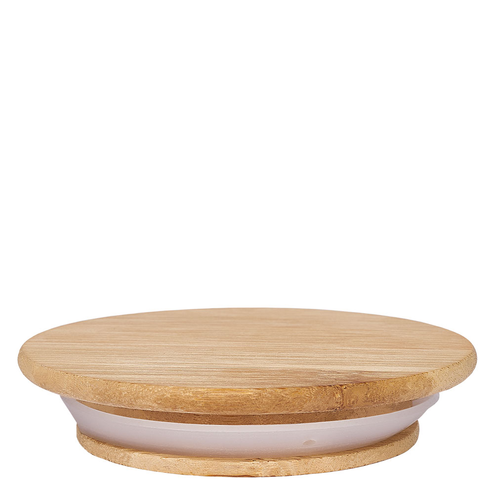 Tapa de madera (haya) sin impresión para WECK RR80 La vista lateral de la tapa de madera RR80 de WECK muestra el veteado natural de la madera y el anillo de sellado de silicona blanca para un cierre hermético.