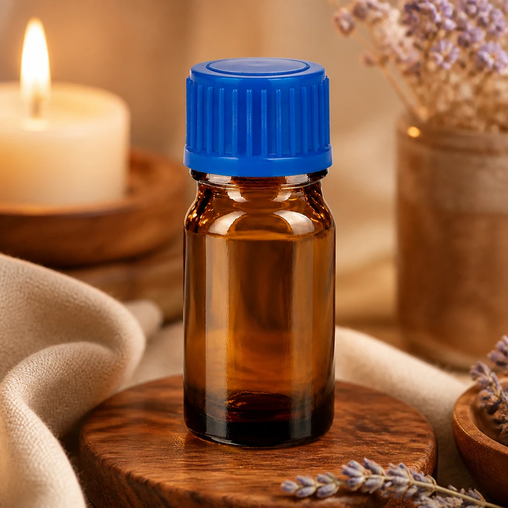Frasco de vidrio ámbar BrownLine de 5 ml con protección UV y tapón azul para sustancias fotosensibles