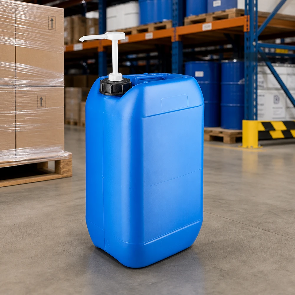 Bidón azul resistente de HDPE de 15 litros con pico vertedor y bomba dosificadora, disponible en almacén