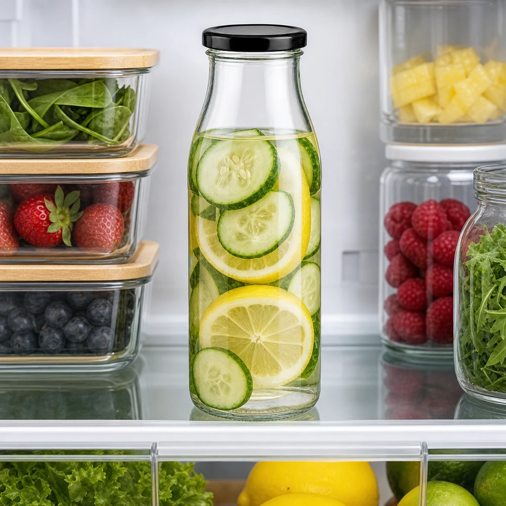 Botella de vidrio de 500 ml + tapa BasicSeal negra UNiTWIST Botella de cristal de 500 ml de agua de pepino-limón en la nevera entre fruta y verdura fresca