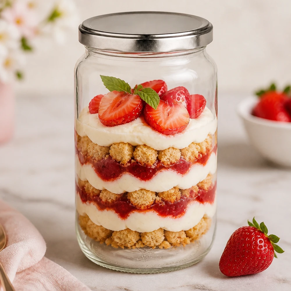 Tarro redondo 795ml con tapa BasicSeal plata UNiTWIST Tarro redondo de 795 ml con tapa BasicSeal como tarro de postre para trifle de fresa con nata y migas de galleta