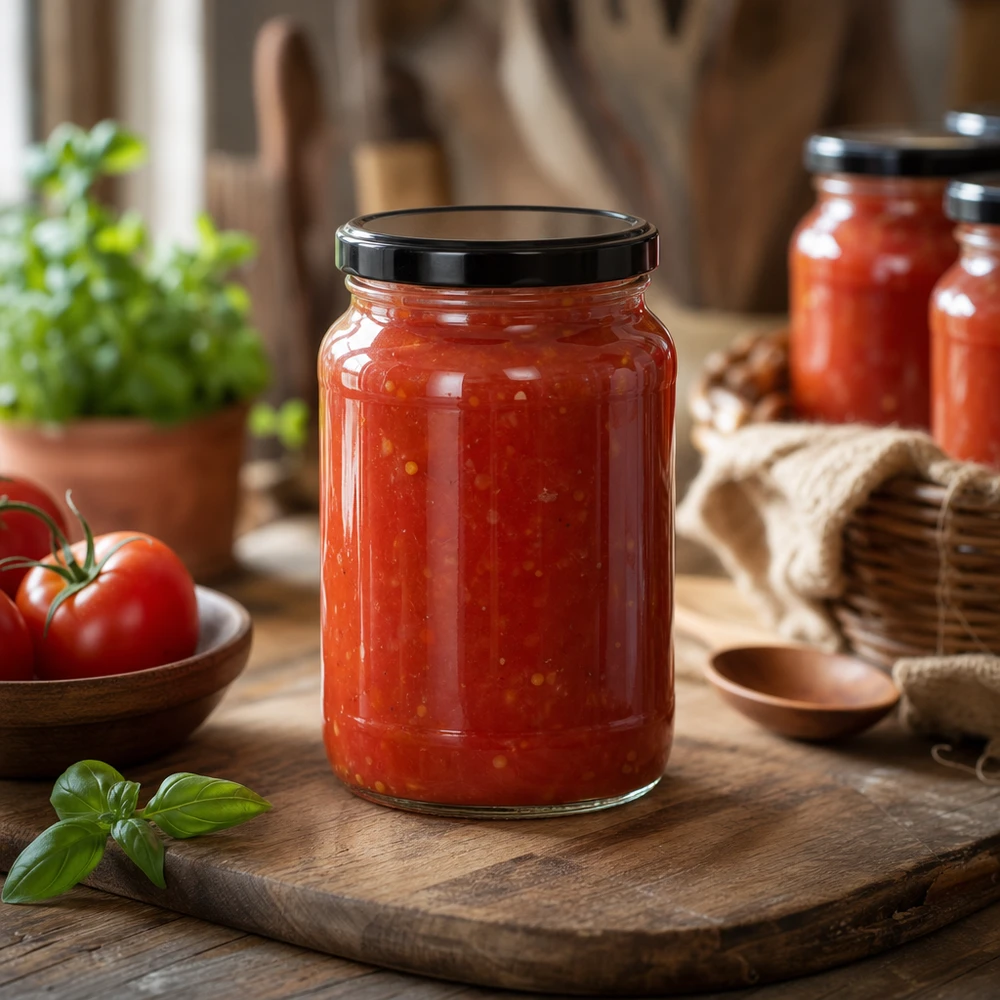 Tarro redondo de 1700ml con tapa BasicSeal negra UNiTWIST Salsa de tomate en tarro redondo de 1700ml tapa negra BasicSeal tabla de madera cocina ambiente rústico conserva tarro