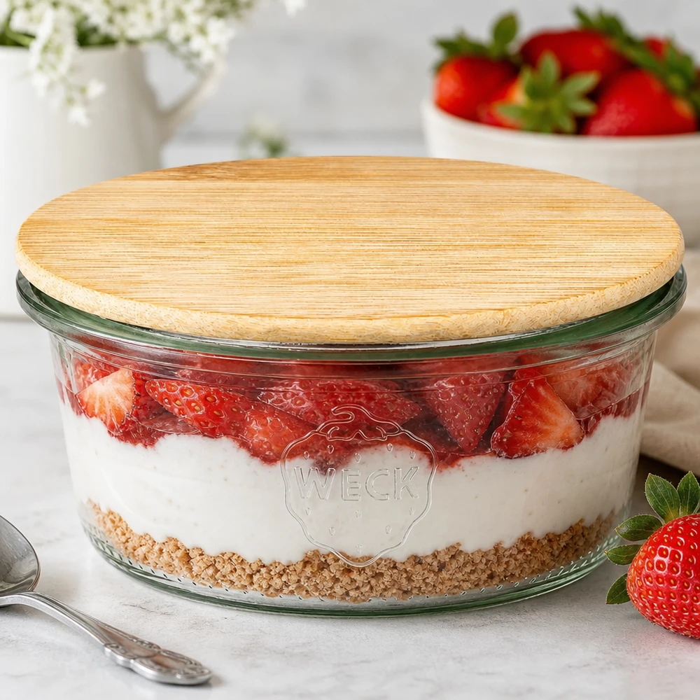 WECK RR80 Tarro de 165 ml con tapa de bambú como tarro de postre para un postre de fresas en capas en un ambiente de cocina