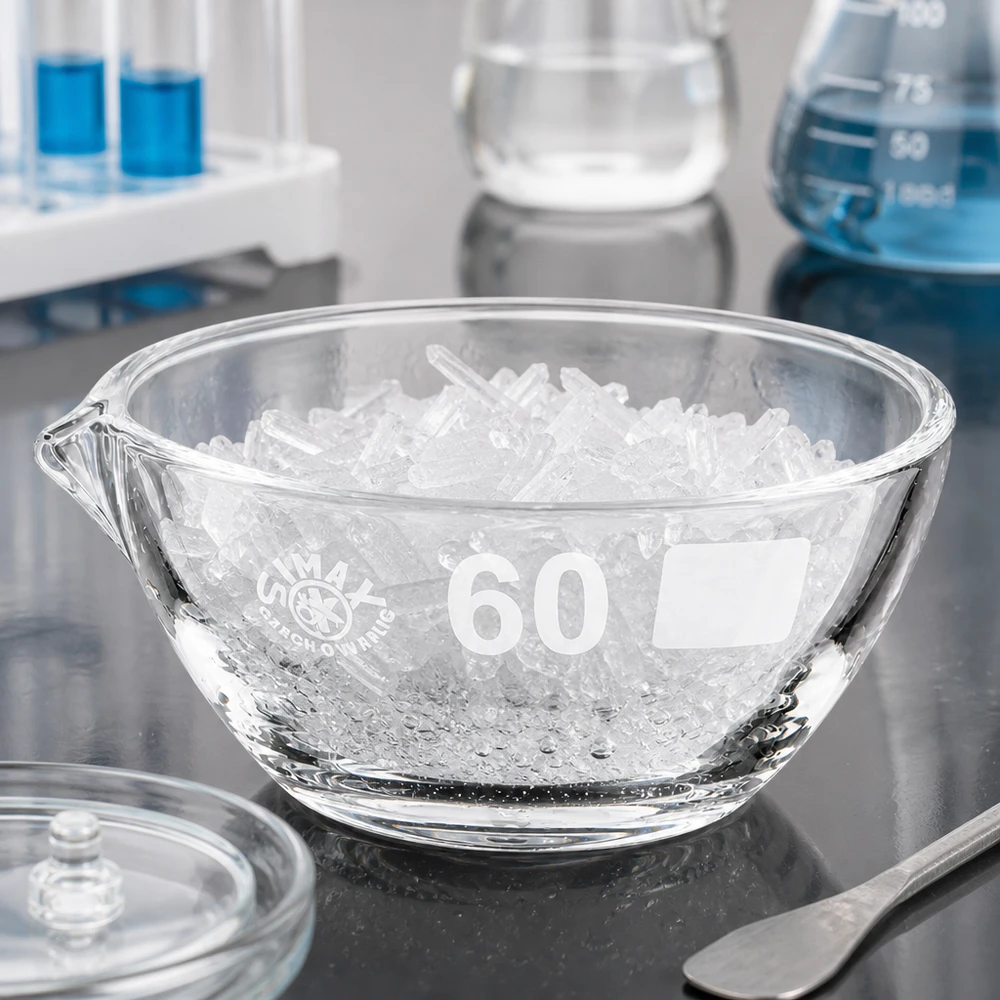 Plato de evaporación 45ml con pico borosilicato ø60mm Plato de evaporación redondo de 45 ml de borosilicato ø60 mm con pico para un trabajo preciso en el laboratorio