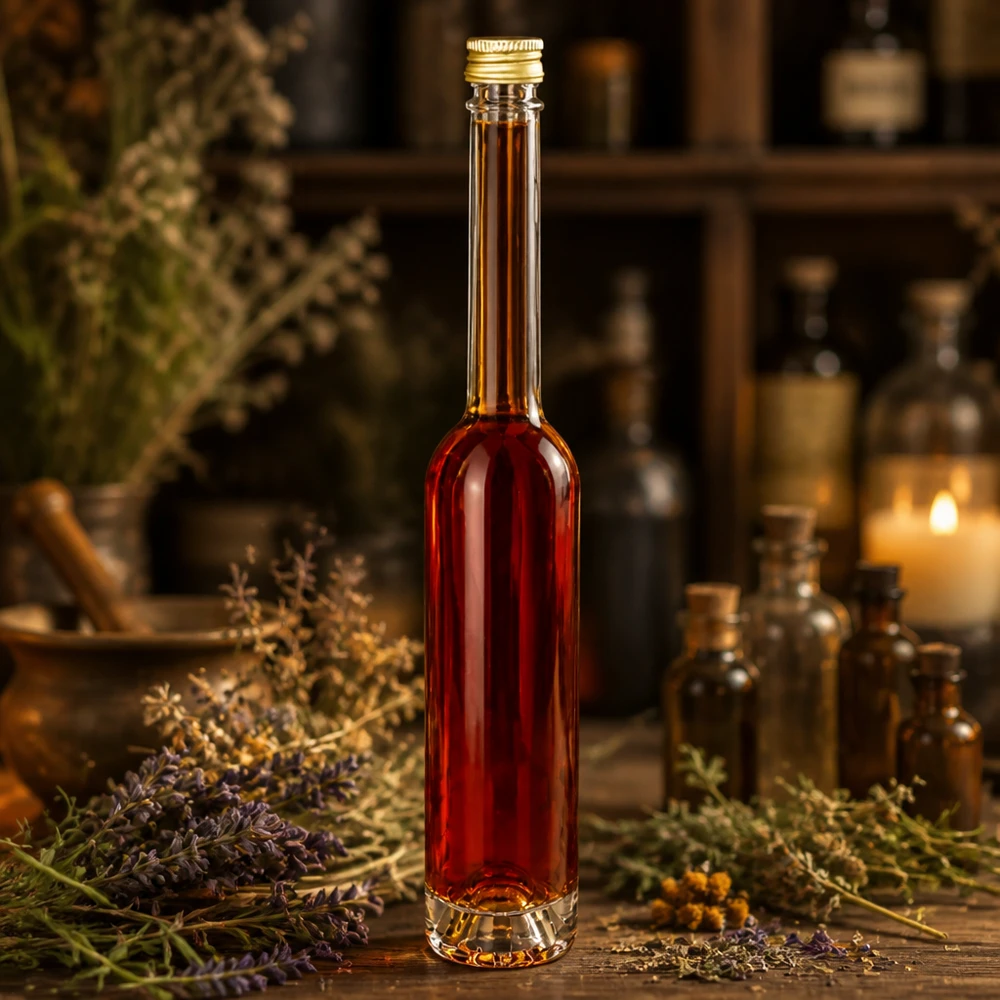 Botella de vidrio de 100 ml «Toni» y tapón de rosca plateado UNiTWIST® Botella de cristal Toni de 100 ml llena de líquido rojo en ambiente herbal - tapón UNiTWIST dorado