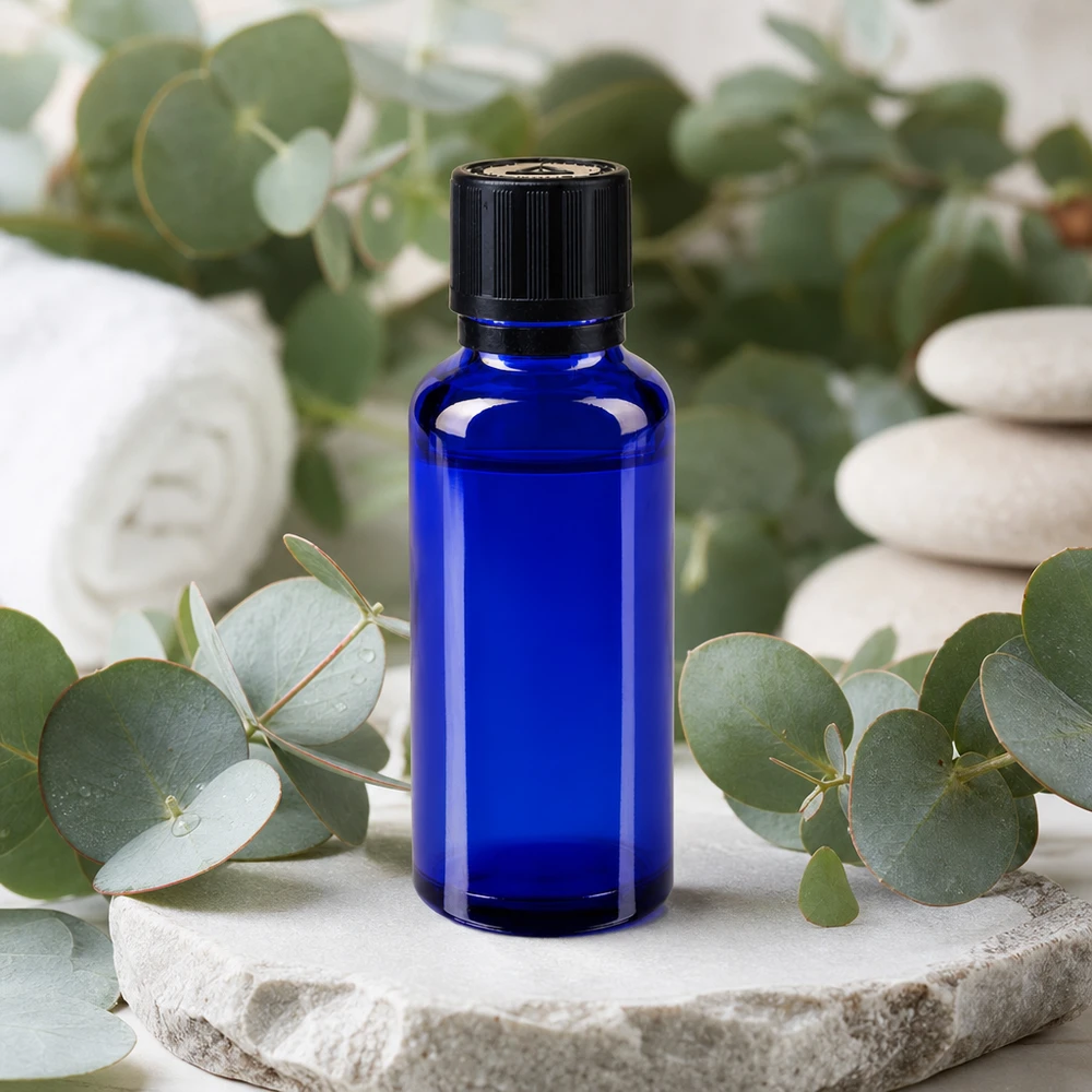 Botella de farmacia tapón cuentagotas 30ml azul anillo vertedor 1mm negro cierre de seguridad para niños símbolo de advertencia ciego cierre inviolable Frasco de farmacia azul cobalto de 30 ml con tapón KiSi negro sobre piedra natural con aroma a eucalipto