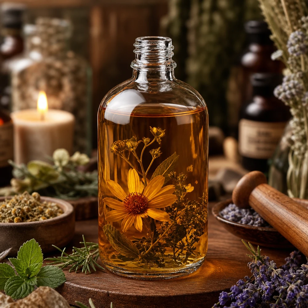 Frasco de farmacia ApoGlas de 100 ml con contenido de color ámbar y hierbas secas para naturopatía