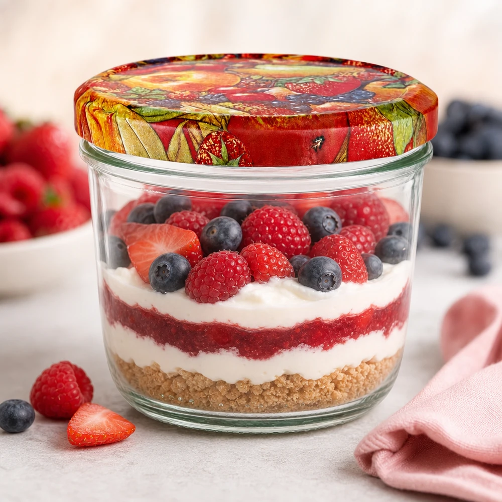 Vasos 230ml + tapa BasicSeal decoración frutas UNiTWIST Vasos de 230 ml con tapa decorativa de frutas BasicSeal rellenos de un postre de capas de bayas, nata y base de galleta