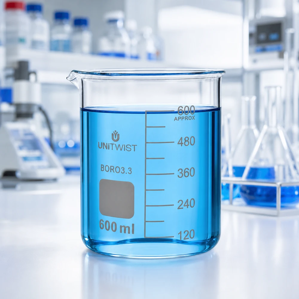 Vaso de precipitados UNiTWIST de 600 ml de borosilicato, con un líquido azul que ocupa hasta 480 ml, en el laboratorio