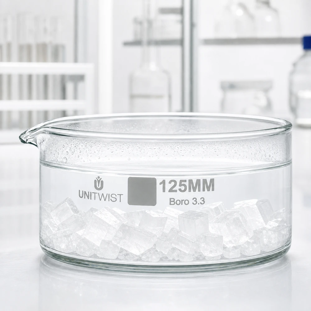 Cristalizador ø125mm vidrio borosilicato UNiTWIST Bandeja de cristalización de 125 mm de vidrio borosilicato, llena de cubitos de hielo, para uso en laboratorio UNiTWIST