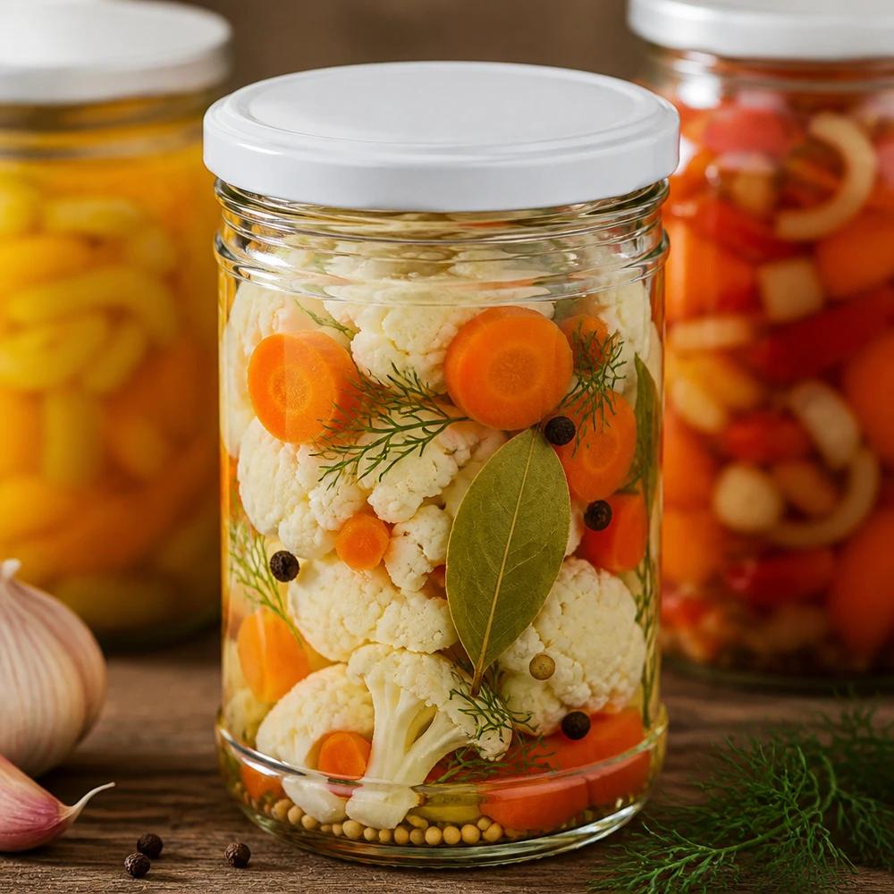Vaso de 1053ml con tapa BasicSeal blanco UNiTWIST 1053ml vasos llenos de verduras en escabeche zanahorias coliflor eneldo muestra el uso práctico como tarro de conserva