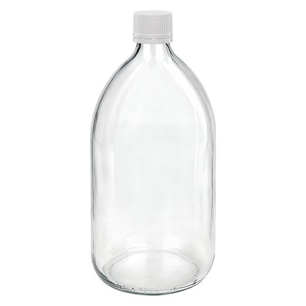 Frasco medicamento 1000ml transparente, tapón blanco/fino con anillo inviolable ApoGlas Frasco medicamento 1000ml transparente, tapón blanco/fino con anillo inviolable ApoGlas