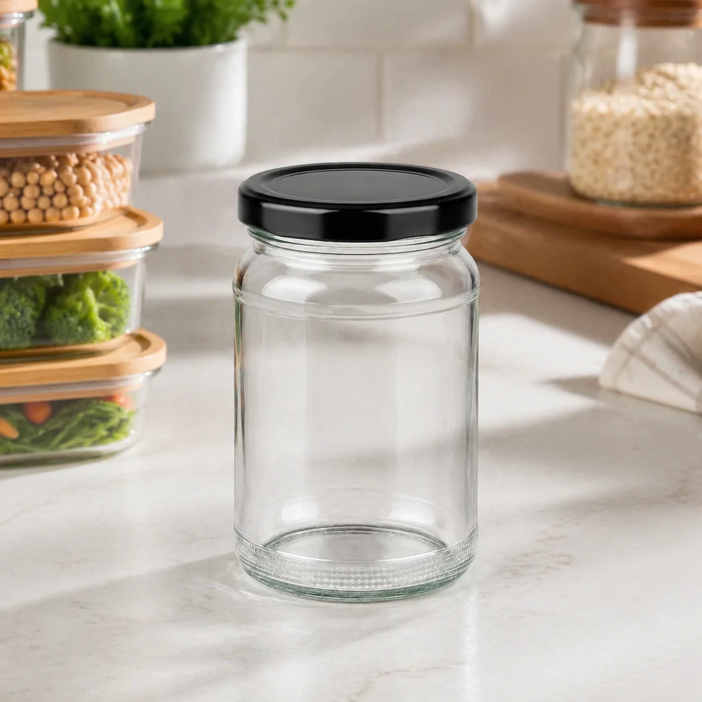 Tarro redondo de 110ml con tapa negra UNiTWIST BasicSeal UNiTWIST vaso redondo 110ml en cocina moderna sobre encimera con tarros de almacenaje al fondo
