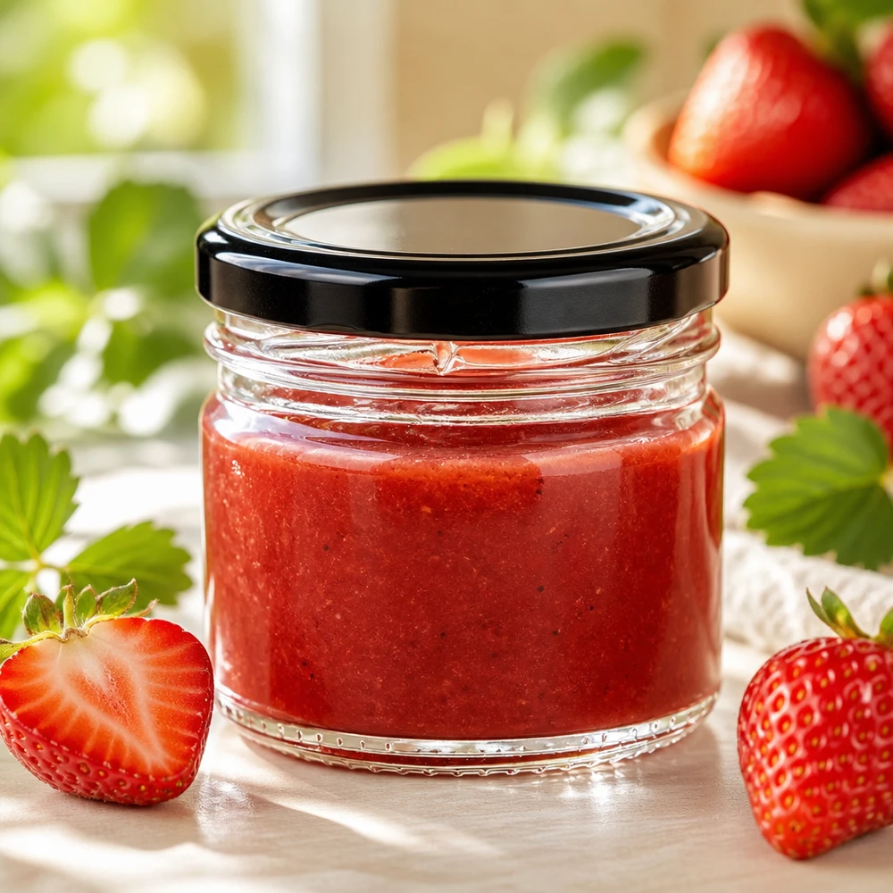 Mermelada casera de fresa en un tarro redondo de cristal de 33 ml con tapa negra BasicSeal, junto a fresas frescas