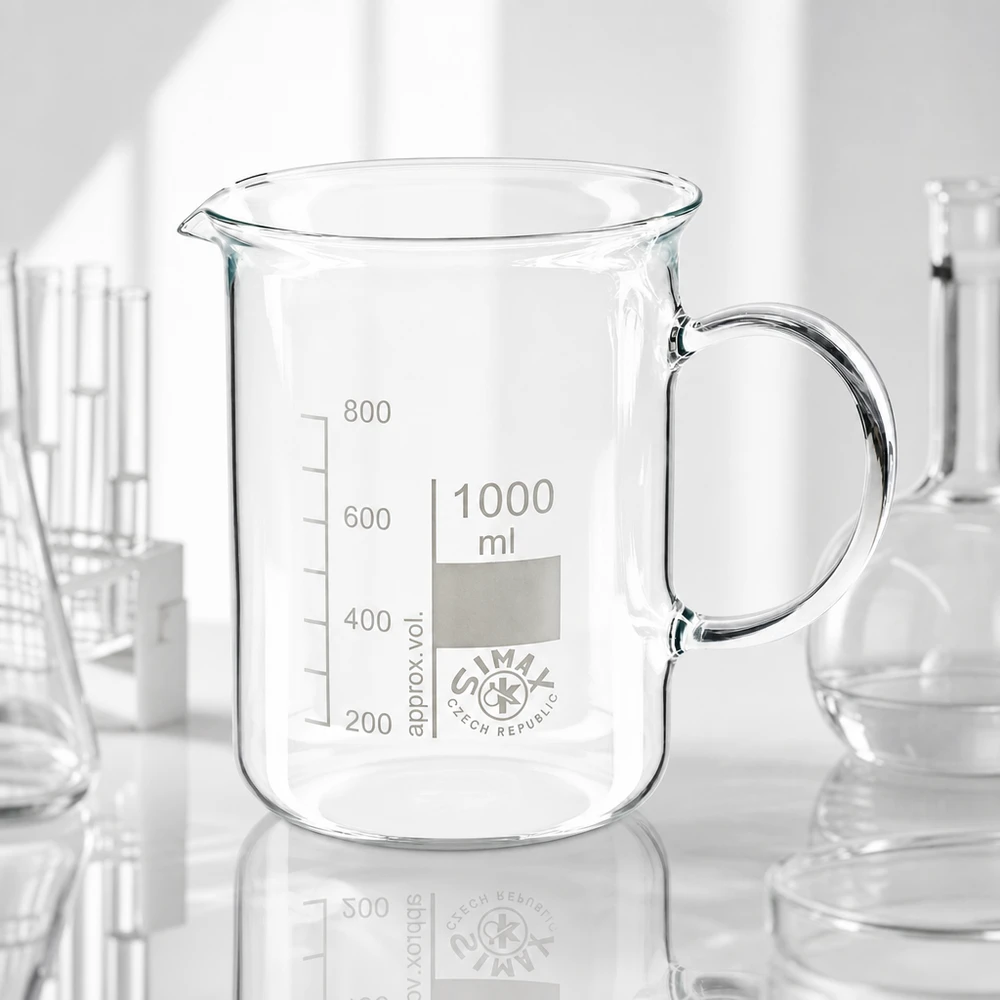 Vaso de precipitados vacío de 1000 ml con asa y pico vertedor sobre fondo blanco