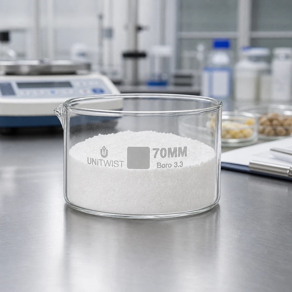 Plato cristalizador ø70mm vidrio borosilicato UNiTWIST Cubeta de cristalización UNiTWIST de 70 mm, de boro 3.3, llena de polvo blanco, sobre una mesa de laboratorio de acero inoxidable