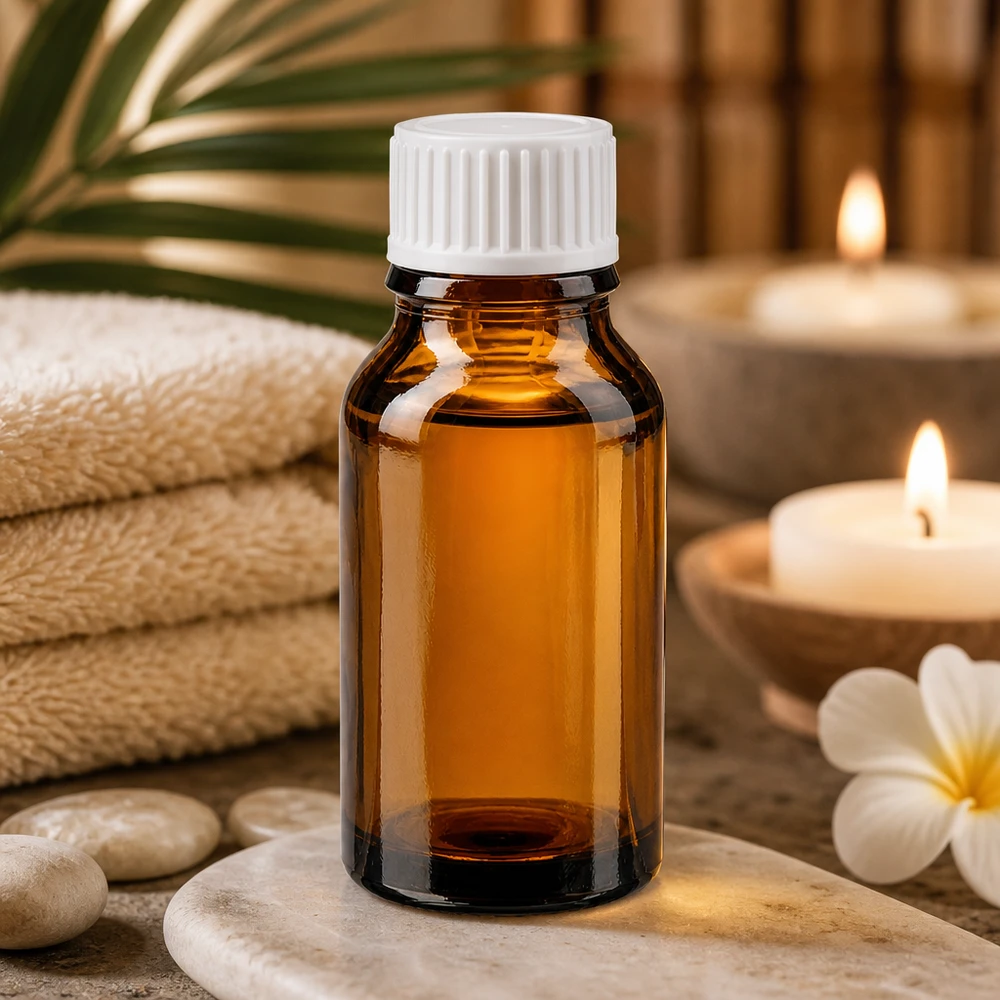 Botella de farmacia marrón 15ml tapón rosca blanco estándar Frasco de farmacia de color ámbar de 15 ml con tapón de rosca blanco, en un ambiente de spa con velas