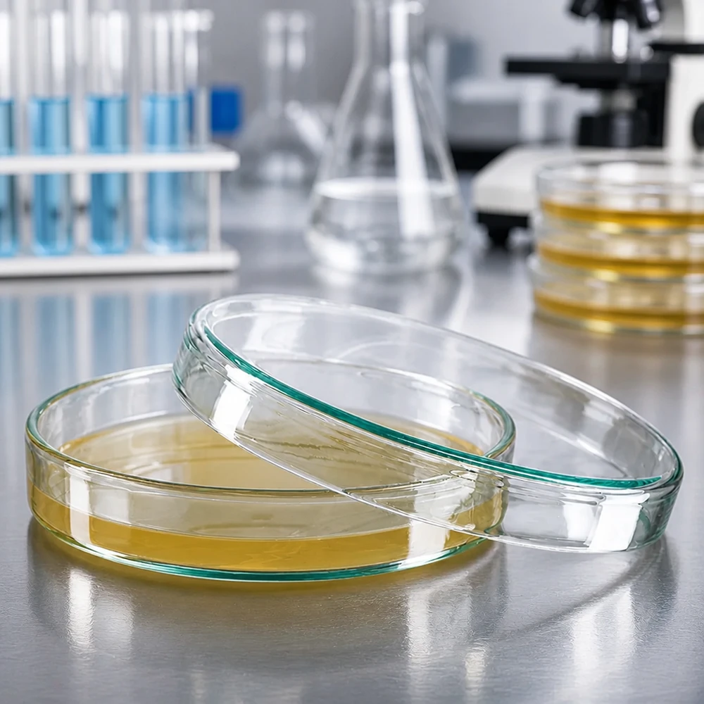 Placa de Petri de 100 x 20 mm de cristal con medio de cultivo de agar amarillo sobre una mesa de laboratorio de acero inoxidable