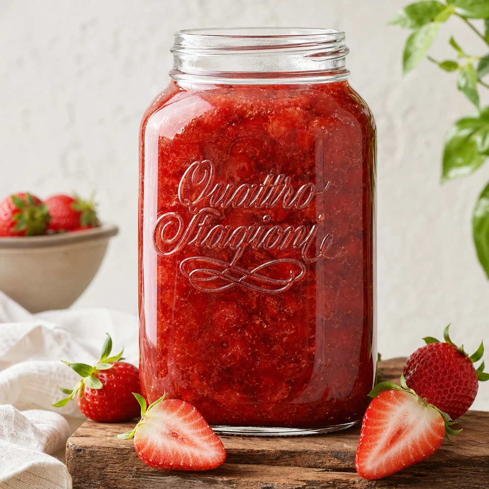 Tarro doméstico Quattro Stagioni 3800ml relleno de mermelada de fresa roja, rodeado de fresas frescas sobre una tabla de madera