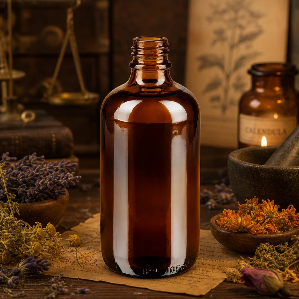 Frasco gotero 100 ml DIN 18 de vidrio ámbar Frasco de farmacia ApoGlas marrón de 100 ml con hierbas medicinales secas y mortero en herboristería tradicional