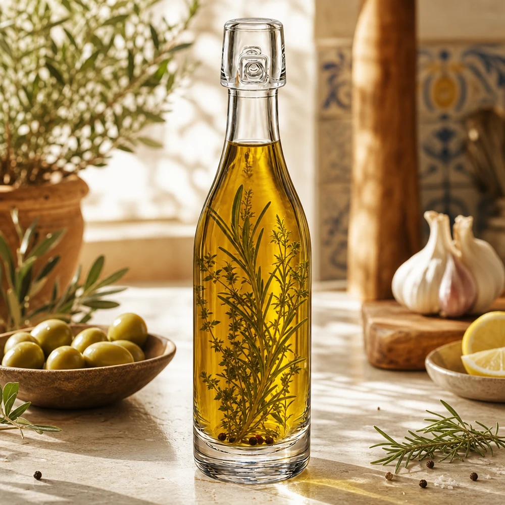 Botella de cristal de 50 ml UNiTWIST rellena de aceite de oliva y hierbas Cocina mediterránea Aceitunas Ajo Romero Decoración