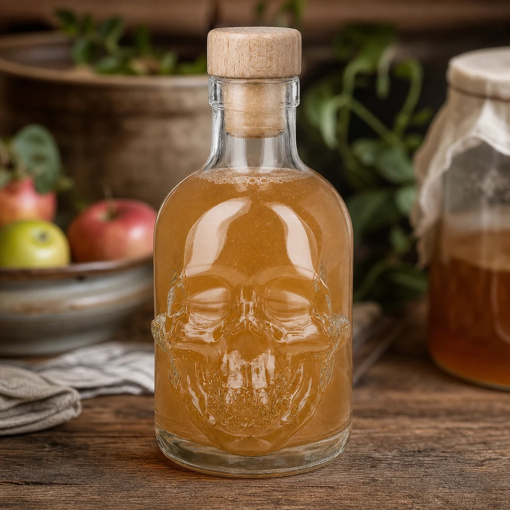 Botella de vidrio de 200 ml «Jack» con tapón de corcho con asa de madera UNiTWIST® Botella de cristal Jack Skull de 200 ml con relleno de color ámbar en un ambiente de cocina con manzanas y macetas de hierbas aromáticas