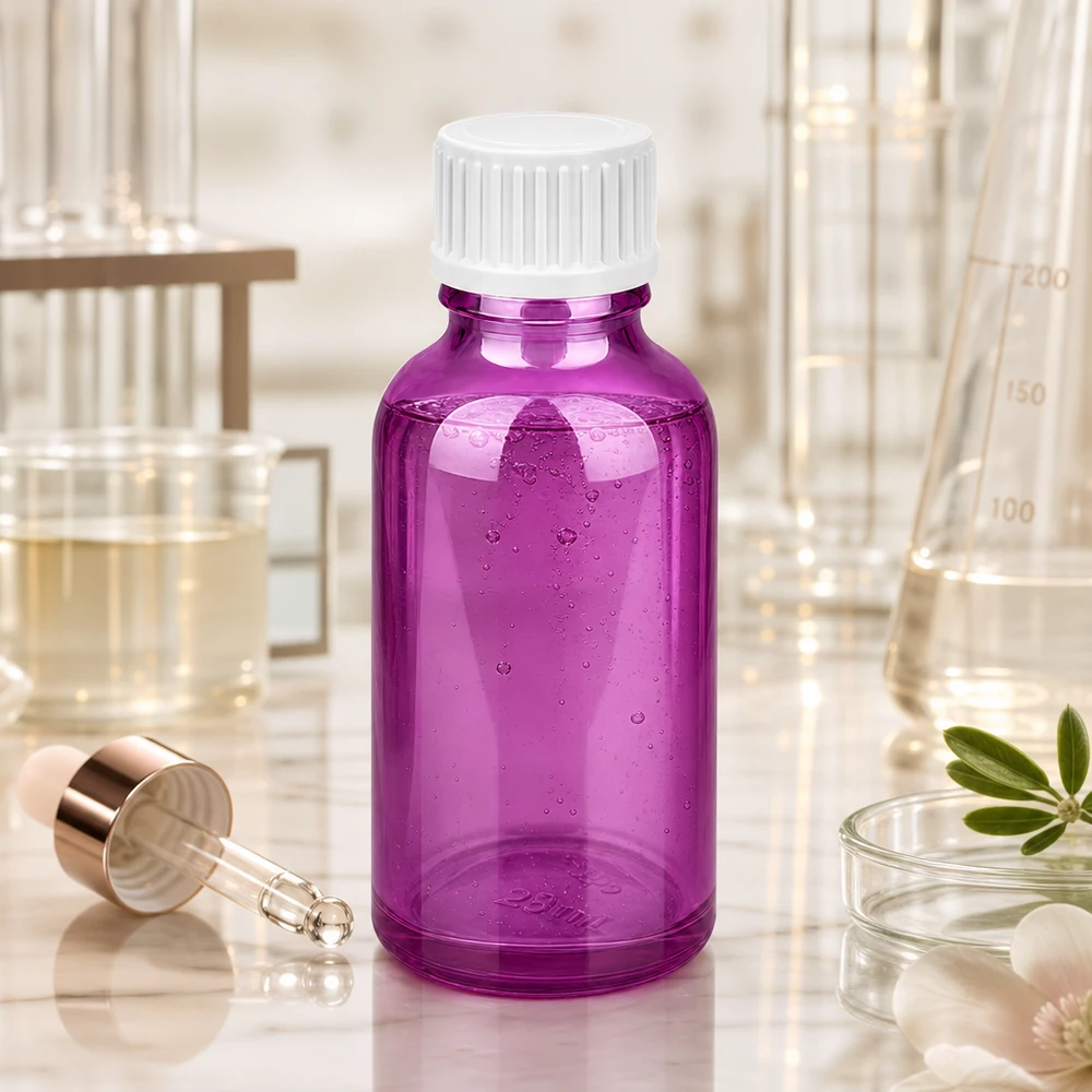 Frasco de 30 ml (glóbulo). Anillo vertedor de 3 mm blanco PurpleLine estándar. UT18/30 Frasco de farmacia violeta 30 ml de vidrio de alta calidad con tapón de rosca a prueba de niños