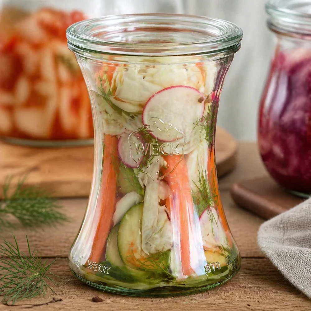 Tarro de cristal para productos delicados de 370 ml con tapa de cristal WECK RR80 El tarro de delicatessen WECK 370ml RR80 relleno de verduras en escabeche y eneldo muestra su uso versátil para conservar
