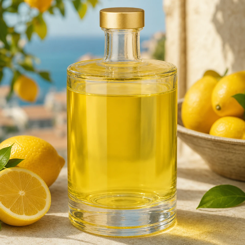Botella de vidrio de 500 ml «Sam» + tapón de rosca dorado UNiTWIST® Botella de cristal de 500 ml Sam llena de líquido amarillo junto a limones Ambiente mediterráneo UNiTWIST tapón dorado