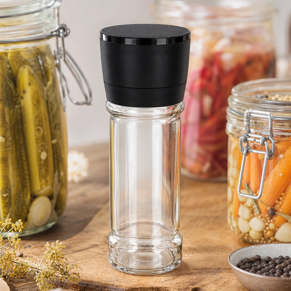 Frasco de especias vacío de 100 ml con molinillo negro Vario, delante de verduras en conserva en tarros de cristal