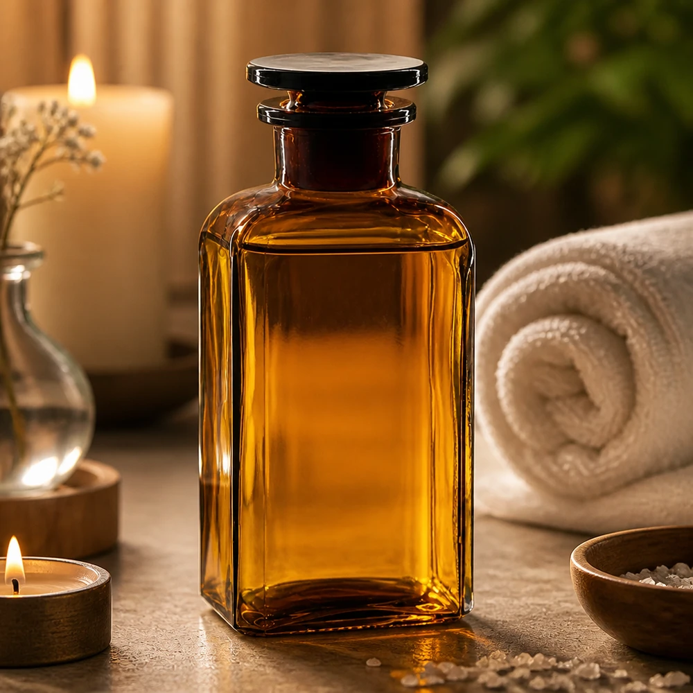 Botella de cristal marrón cuadrada de 250 ml con tapón para aceites esenciales y aromaterapia