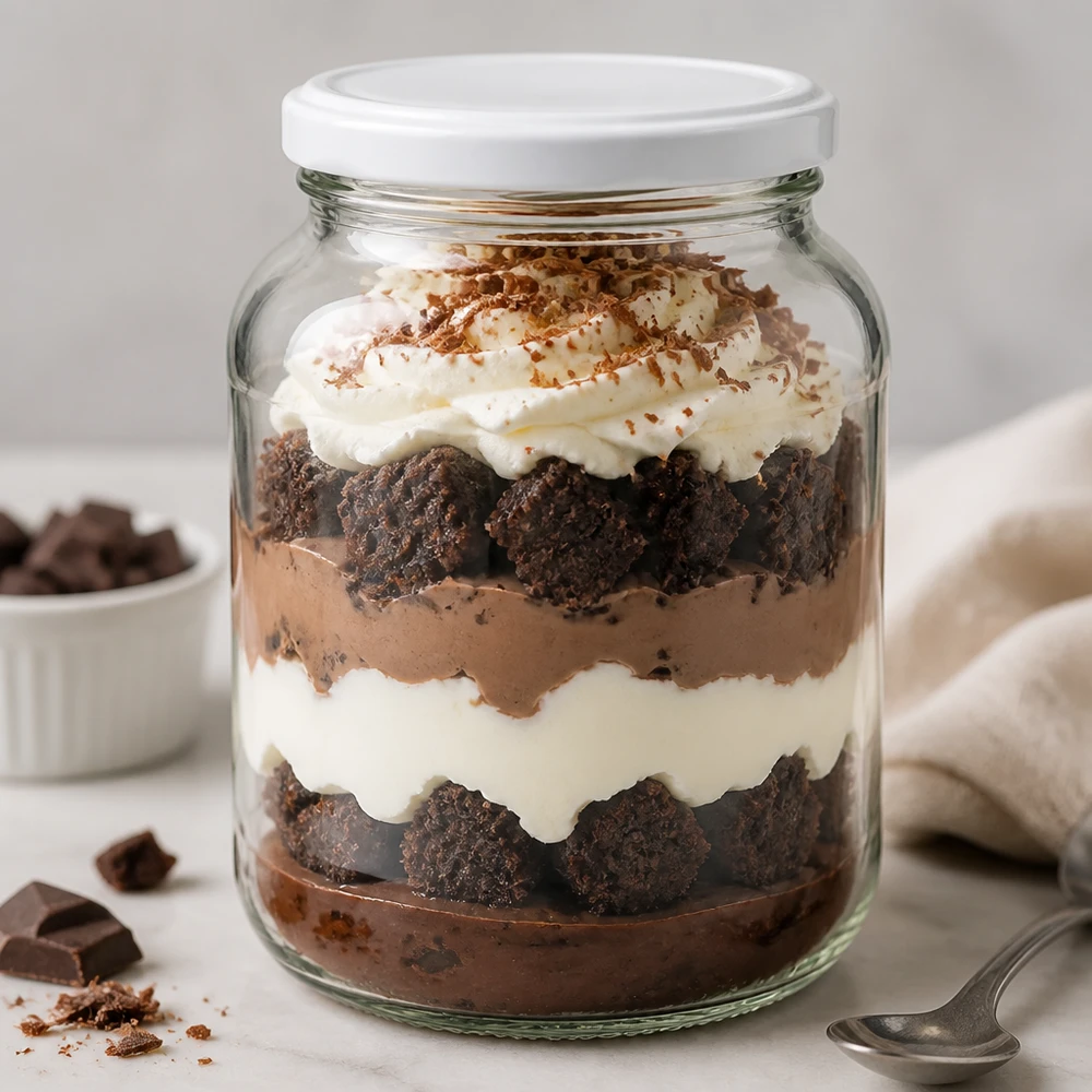 Tarro ovalado UNiTWIST de 370 ml con tapa blanca BasicSeal relleno de tiramisú de postre de chocolate perfecto para porcionar