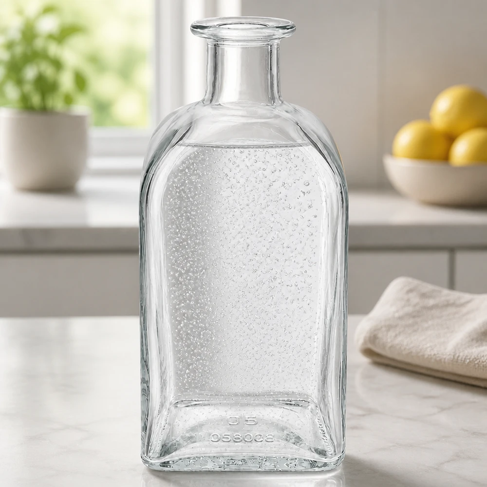 Botella de cristal Julia de 500 ml en cocina moderna sobre encimera de mármol con gotas de agua y luz natural