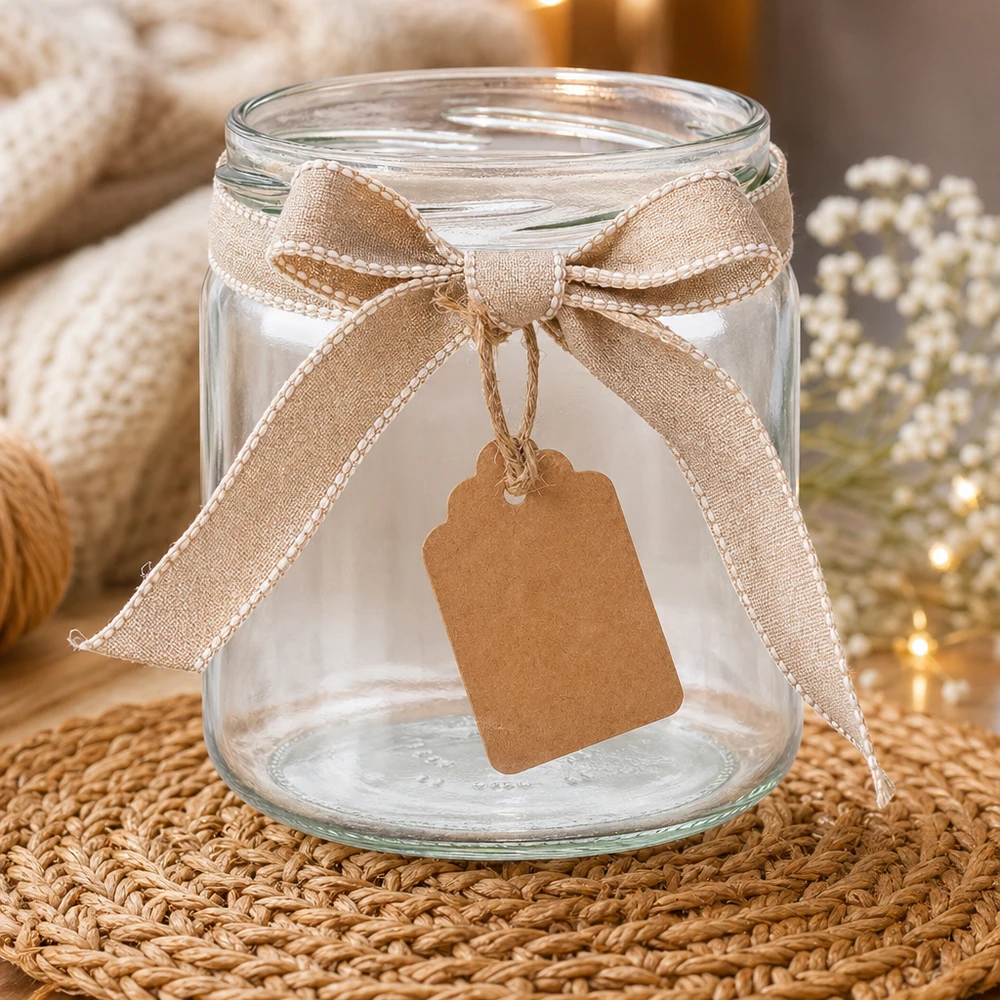 Tarro de cristal redondo de 408ml sin tapa (TO82) UNiTWIST UNiTWIST Runda408 vaso redondo 408ml TO82 decorativo con lazo y etiqueta como envase de regalo sobre un tapete de mimbre