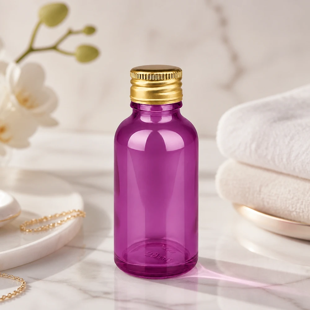 Frasco de 30ml 11mm tapón de rosca aluminio oro estándar PurpleLine. UT18/30 Frasco de cristal morado de 30 ml con superficie brillante y tapón de aluminio dorado para sueros de alta calidad